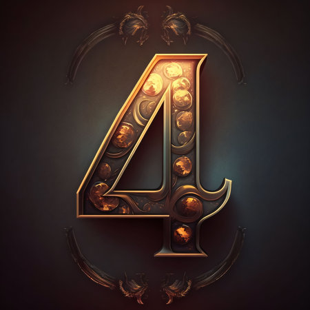 Graphic numbers: Decorative alphabet with gold ornament. Letter 4. 3d renderの写真素材