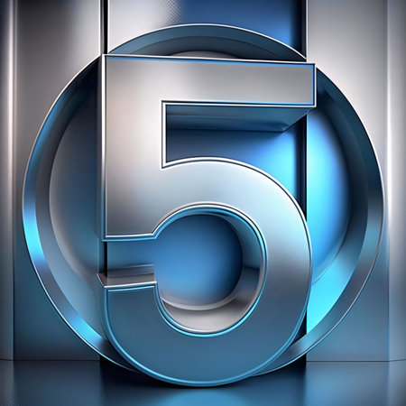 Graphic numbers: 3d render of metallic number 5 with blue light on metal backgroundの写真素材
