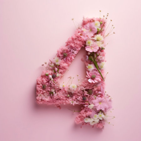 Graphic numbers: Alphabet made of pink flowers on a pink background. Letter 4の写真素材