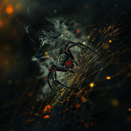 Photography: spider on the web with fire and smoke, 3d illustrationの写真素材