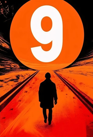 Graphic numbers: Silhouette of a man in front of an orange wall with number 9の写真素材