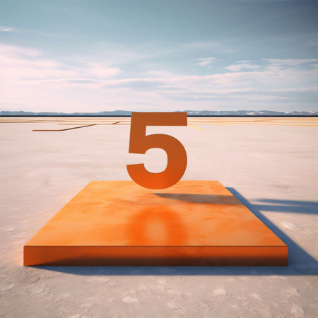 Graphic numbers: Orange number five on a platform in the desert. 3d renderingの写真素材