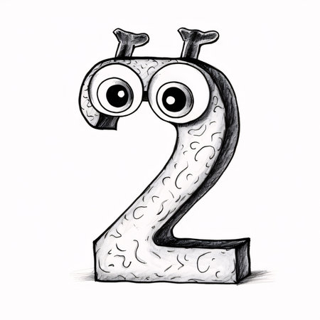 Graphic numbers: Number 2 with eyes and mouth isolated on white background, hand drawn illustrationの写真素材