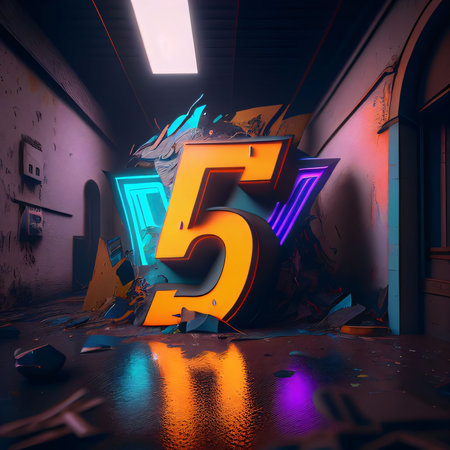 Graphic numbers: 3D rendering of a grunge wall with neon number 55.の写真素材