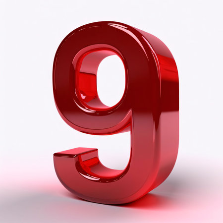 Graphic numbers: 3d glossy red number 9 isolated on white background, computer generated imagesの写真素材
