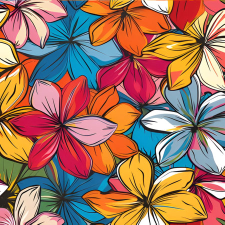 A vibrant and colorful floral pattern featuring a variety of flowers in bloom. The pattern is...