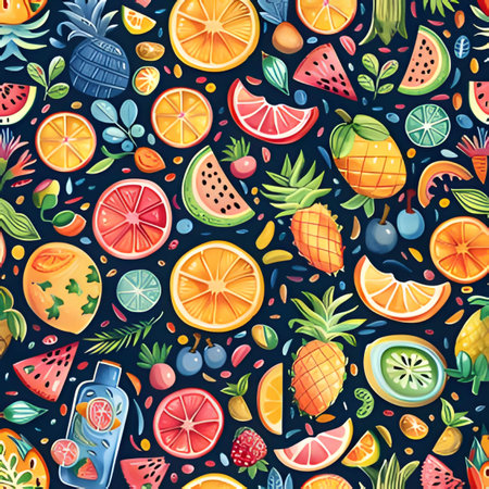 A vibrant pattern of tropical fruits on a dark blue background. The design includes oranges,...