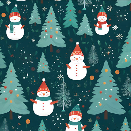 A delightful winter wonderland with adorable snowmen wearing scarves and hats, surrounded by festive pine trees, creating a charming and festive atmosphere.のイラスト素材