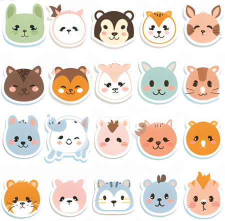A collection of cute animal stickers featuring various adorable characters with happy expressions.のイラスト素材
