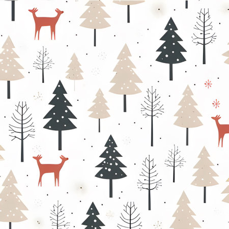 A simple and festive pattern featuring Christmas trees, deers, and snowflakes, perfect for wintery...
