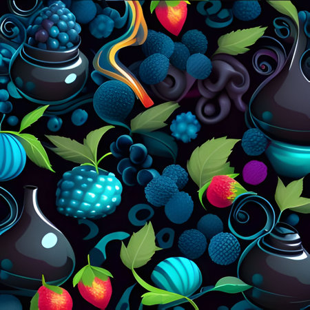 A colorful pattern of blueberries and other berries in various shades of blue, green, and black, with a dark backgroundのイラスト素材