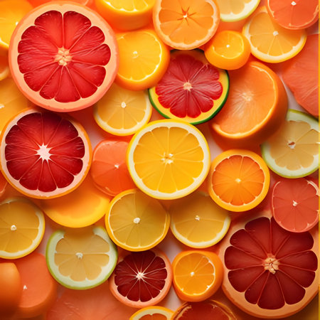 A close-up shot of a variety of citrus fruits, showing their vibrant colors, textures, and juicy segments.のイラスト素材