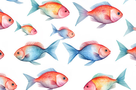 A beautiful watercolor illustration of colorful fish. The vibrant colors and intricate details create a captivating and vivid scene, showcasing the beauty of the underwater world.のイラスト素材