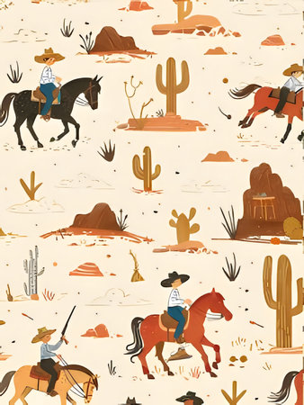 A colorful cartoon illustration depicting cowboys riding horses through the desert with cactus and hillsのイラスト素材