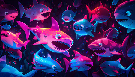 A vibrant digital illustration showing a group of neon sharks swimming in the ocean. The sharks are glowing with vibrant colors, creating a captivating underwater scene.のイラスト素材