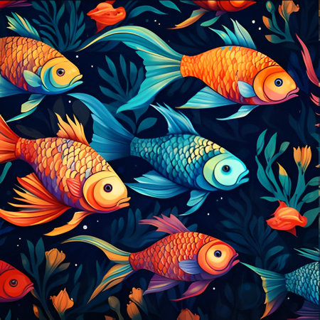 A vibrant illustration of fish with various colors and patterns against a dark, abstract background. The fish are in motion, with their fins and tails swirling.のイラスト素材