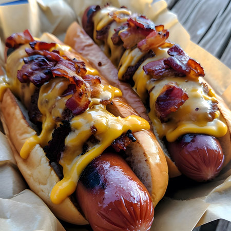Two hotdogs in a paper-lined basket topped with melted cheese, crispy bacon, and mustard.の写真素材