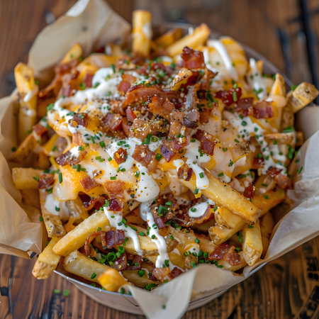 A close-up view of a heaping serving of loaded fries topped with bacon, cheese, and ranch dressing.の写真素材