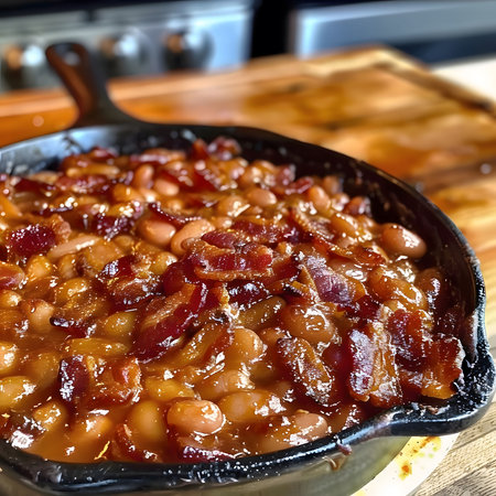 Close up of a pan of baked beans with bacon.の写真素材