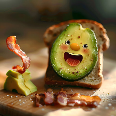 Smiling Avocado Toast is a fun and delicious breakfast or snack. This image features a ripe avocado, sliced and toasted bread, and crispy bacon. The avocado is smiling, making it a cheerful and inviting meal. The image is close-up, Focusing on the details of the food and its textures.の写真素材