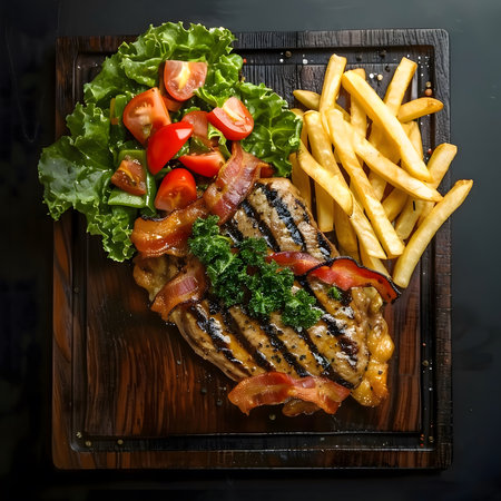 Close-up of a grilled steak with bacon strips, French fries, and a side of salad on a wooden platter.の写真素材