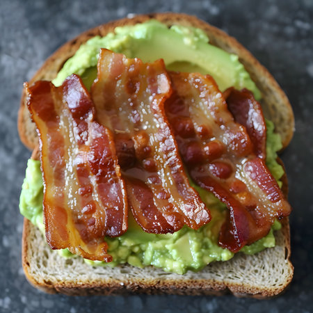 A close-up shot of avocado toast topped with crispy bacon. It's a delicious and simple meal that's perfect for breakfast or lunch.の写真素材