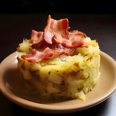 A close-up image of a savory potato and cabbage bake topped with crispy bacon. The dish is golden brown and looks delicious.の写真素材