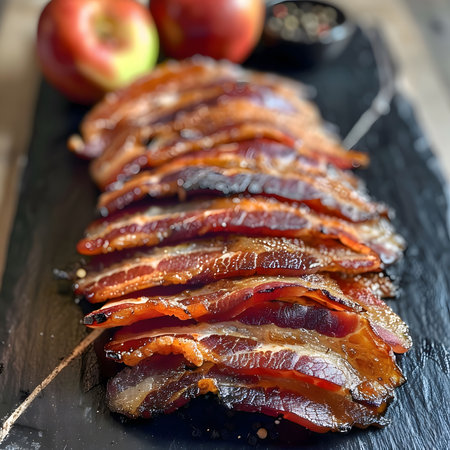 A close-up view of crispy bacon slices, perfect for a savory snack or delicious meal.の写真素材