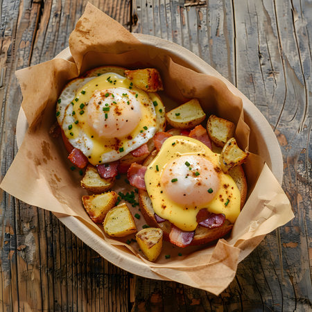Close up of two freshly prepared egg benedict with hollandaise sauce served on toasted english muffins and garnished with fresh chives on wooden tableの写真素材