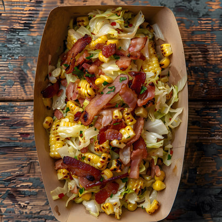 A close-up of a delicious corn and bacon salad in a paper container. The salad is a mix of fresh corn kernels, crispy bacon, and shredded cabbage.の写真素材