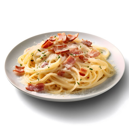 A close up of a plate of creamy carbonara pasta with bacon and parmesan cheese.の写真素材