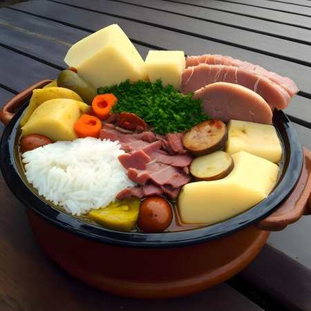 A bowl full of different food items, including meat, vegetables, and rice. It looks like a delicious...