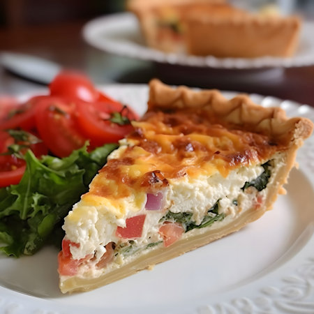 A slice of quiche with spinach, tomatoes, and cheese on a white plate with a salad on the side.の写真素材