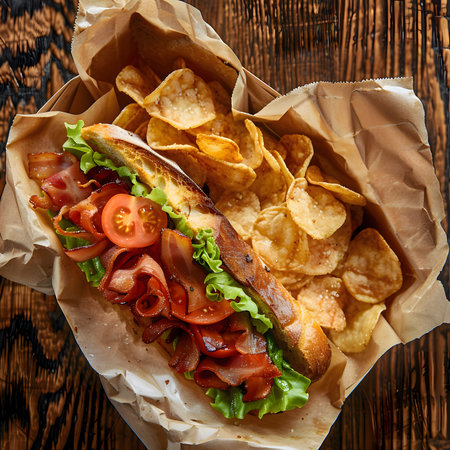 A close-up shot of a delicious bacon sandwich with crispy potato chips, set on a wooden table.の写真素材