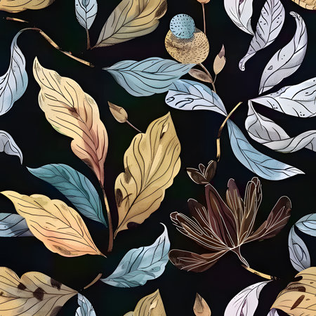 This is a watercolor painting of a floral pattern with leaves on a black background. The colors are bright and vibrant, and the design is elegant and stylish. This pattern would be perfect for a variety of design projects.のイラスト素材