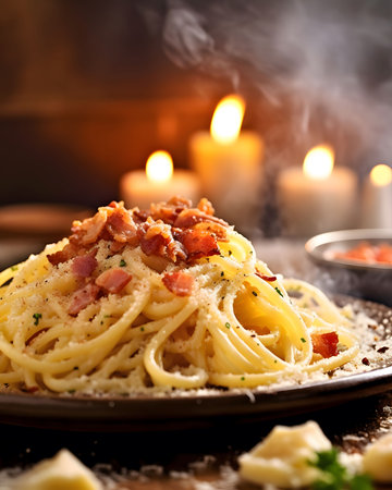 A close-up of a plate of creamy Carbonara pasta, the steam rising from the dish adds a touch of warmth and creates a sense of comfort.の写真素材