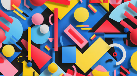 Colorful abstract geometric shapes pattern on blue background.