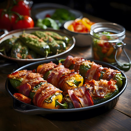 A close-up of bacon-wrapped peppers, showing the savory and crispy goodness of this classic dish. The peppers are perfectly grilled and stuffed with cheese, creating a mouthwatering culinary experience.の写真素材