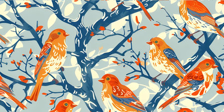 A vibrant illustration featuring colorful birds perched on branches with a blue backgroundのイラスト素材