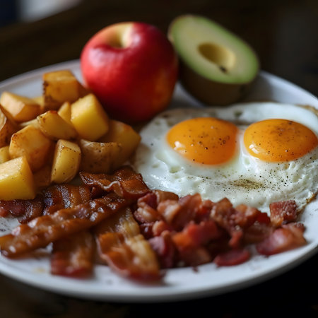 A plate of breakfast food with fried eggs, bacon, potatoes, avocado, and apple
