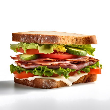 A close-up view of a delicious ham sandwich with fresh ingredients. It features layers of ham, tomatoes, cucumbers, and lettuce on two slices of toasted bread. The sandwich is perfectly assembled and ready to be enjoyed.の写真素材