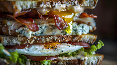 A delicious looking sandwich with bacon, egg, cheese, and tomato.の写真素材