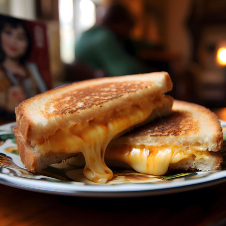 A close up view of a delicious grilled cheese sandwich with melted cheese and toasted bread.