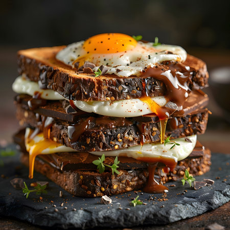 A delicious and decadent chocolate and egg sandwich, featuring a perfectly cooked egg and drizzled with rich chocolate sauce.の写真素材