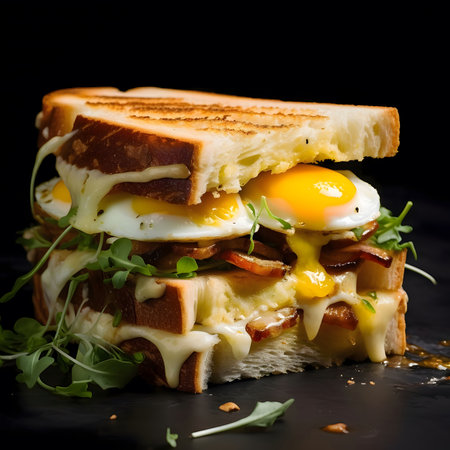 A mouthwatering grilled cheese sandwich piled high with crispy bacon and runny eggs, perfect for any...