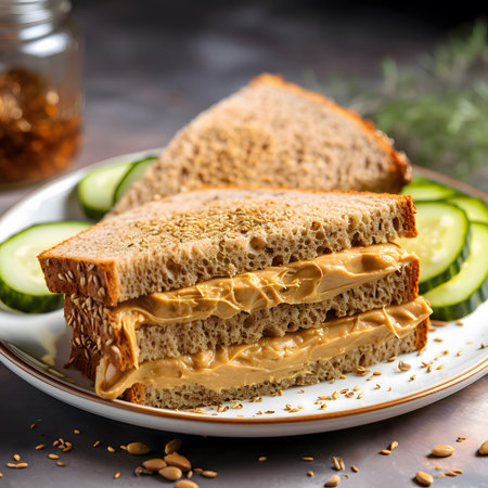 Close-up shot of a peanut butter sandwich on whole wheat bread with a side of cucumber slices, creating a simple yet satisfying meal.の写真素材