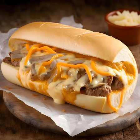 A close-up shot of a Philly Cheesesteak Sandwich, a classic American dish.