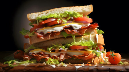 A mouthwatering double-decker sandwich with layers of bacon, lettuce, tomato, cheese and a creamy...