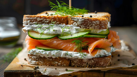 A close-up of a delicious smoked salmon sandwich with cream cheese, cucumber and dill. The sandwich...