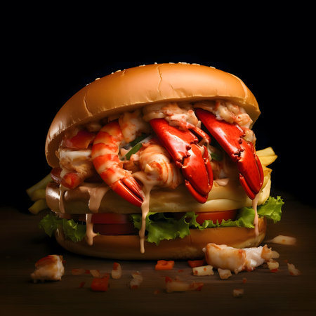A mouthwatering close-up of a lobster and shrimp burger with creamy sauce, topped with fresh lettuce and tomato, ready to be devoured.の写真素材